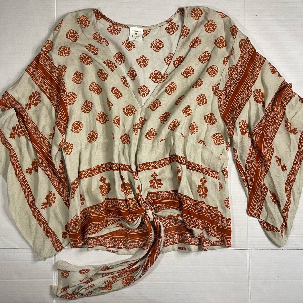 By‎ Together Floral Tie-Front Blouse Hippie Boho Peasant Cream Brown Sz M
